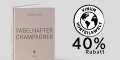 Buchcover von Fabelhafter Champagner mit Button "VINUM Vorteilswelt, 50% Rabatt" rechts neben dem Buchcover. Das Buchcover ist einfarbig in einem blassen rosa mit goldenem Titel.