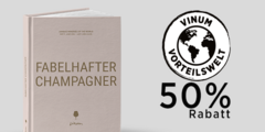Buchcover von Fabelhafter Champagner mit Button "VINUM Vorteilswelt, 50% Rabatt" rechts neben dem Buchcover. Das Buchcover ist einfarbig in einem blassen rosa mit goldenem Titel.