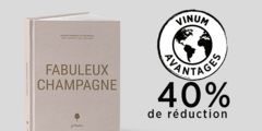 Couverture du livre « Fabuleux Champagne » avec un bouton « VINUM avantages, 50 % de réduction » situé à droite de la couverture. La couverture est unie, de couleur rose pâle, avec un titre écrit en doré.