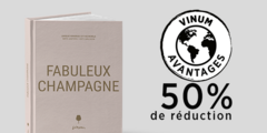 Couverture du livre « Fabuleux Champagne » avec un bouton « VINUM avantages, 50 % de réduction » situé à droite de la couverture. La couverture est unie, de couleur rose pâle, avec un titre écrit en doré.